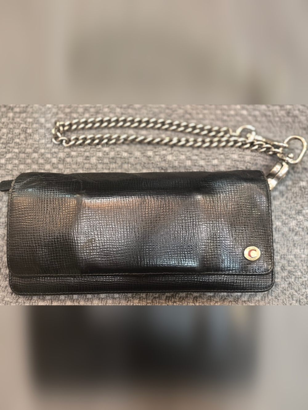 Coach Black Textured Leather Clutch with Silver Chain